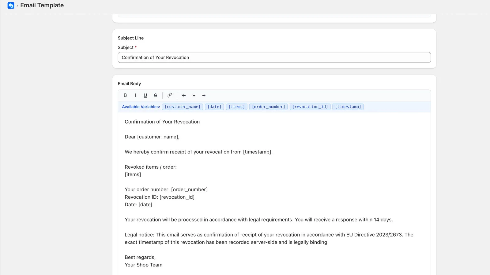EasyWiderruf App im Shopify-Admin mit Dashboard und Widerrufsübersicht