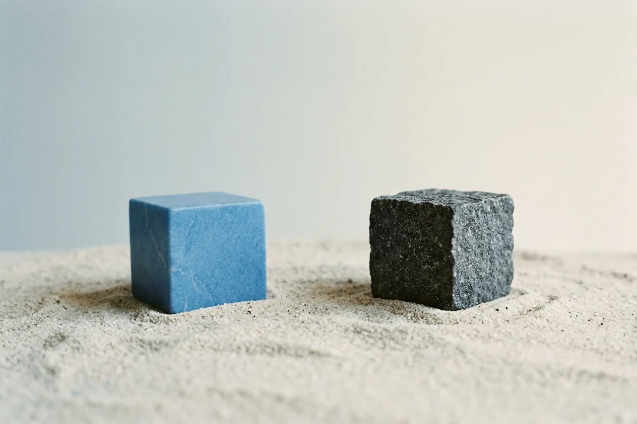 Blauer Würfel und Basaltwürfel nebeneinander im Sand