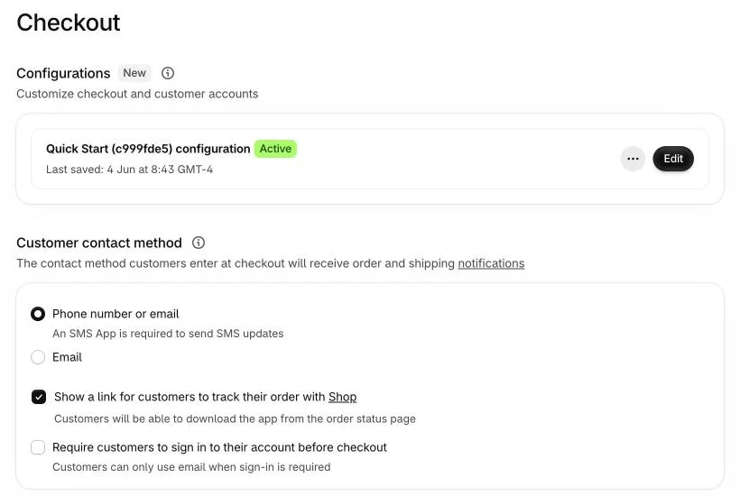Shopify-Admin: Checkout-Einstellungen mit Kontaktmethode und Kundenkonten