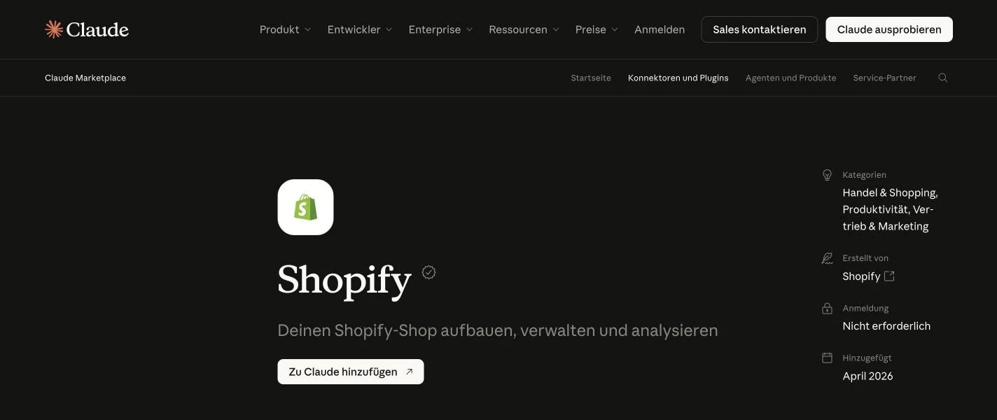 Shopify Connector im Claude Marketplace mit Button Zu Claude hinzufügen, erstellt von Shopify
