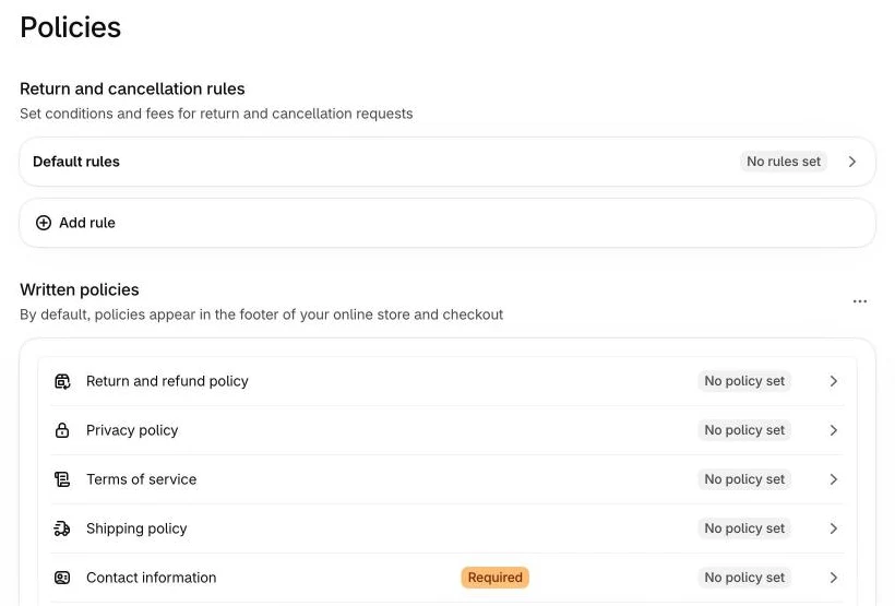Shopify-Admin: Einstellungen Richtlinien