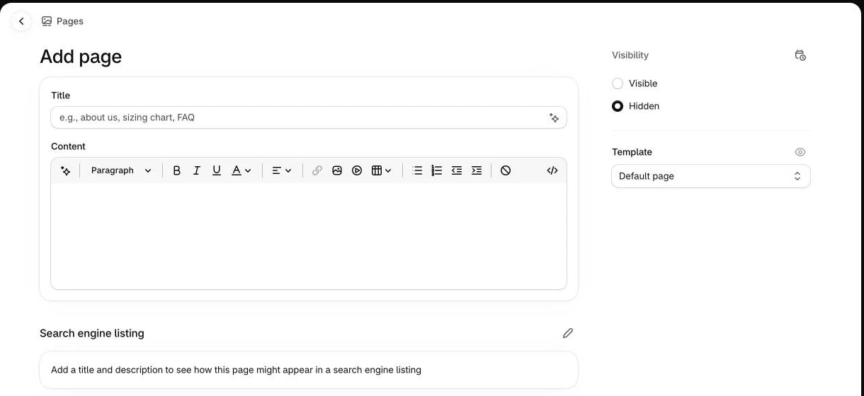 Shopify-Admin: neue Seite anlegen mit Titel, Inhalt und Template-Auswahl