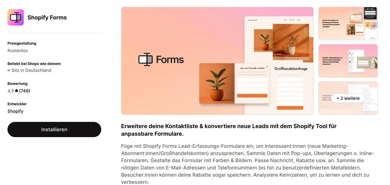 Shopify Forms im Shopify App Store, kostenlos