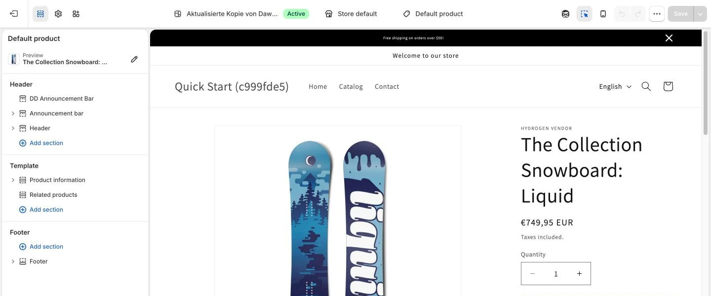 Shopify Theme-Editor mit Abschnitten links und Vorschau rechts