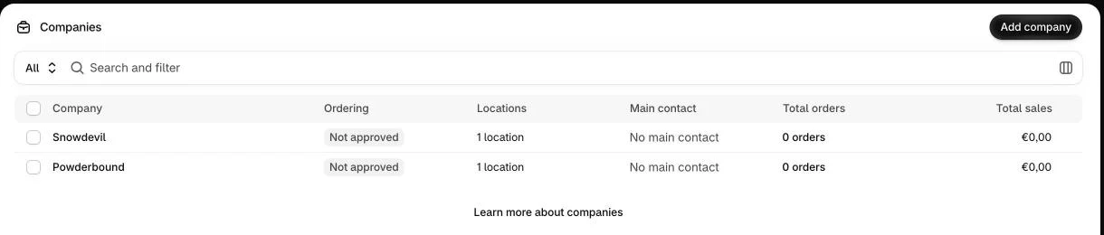 Shopify-Admin: Liste der Unternehmen für B2B-Kunden