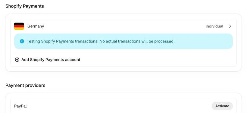 Shopify-Admin: Einstellungen Zahlungen mit Shopify Payments und PayPal