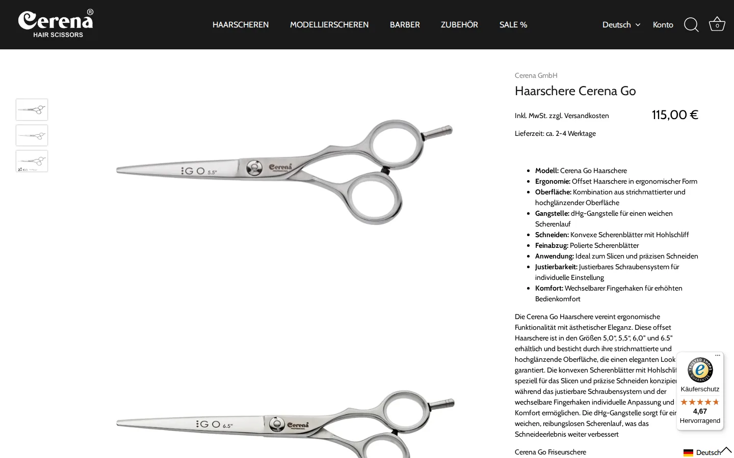 Produktseite einer Haarschere