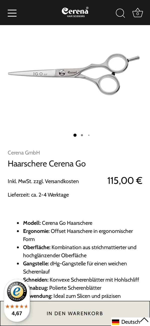 Produktseite auf dem Handy