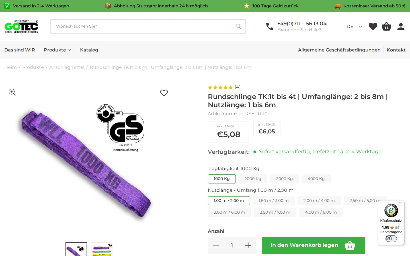 Produktseite einer Rundschlinge