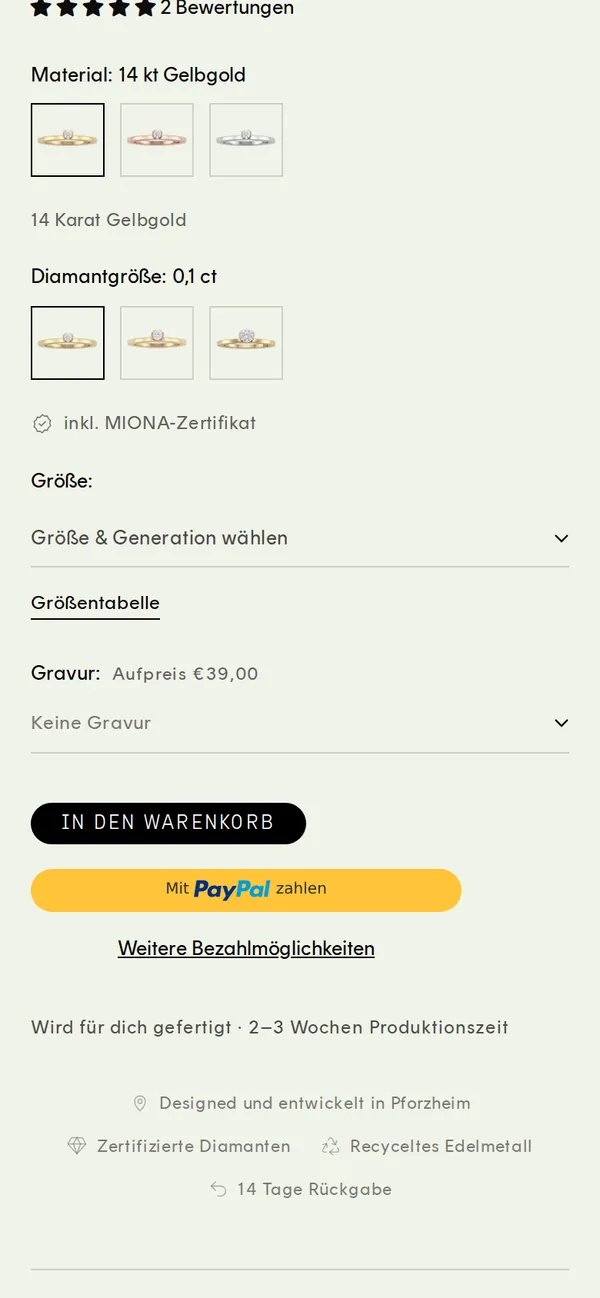 Auswahl von Material und Diamantgröße auf dem Handy