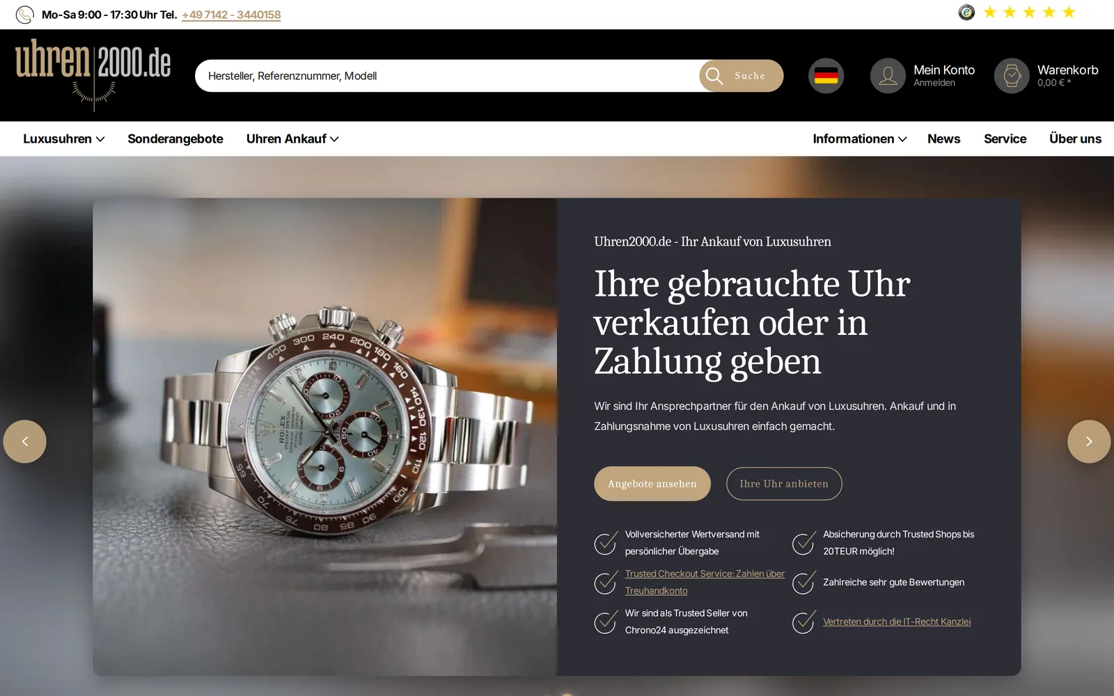 Startseite von Uhren2000 mit Ankauf-Banner