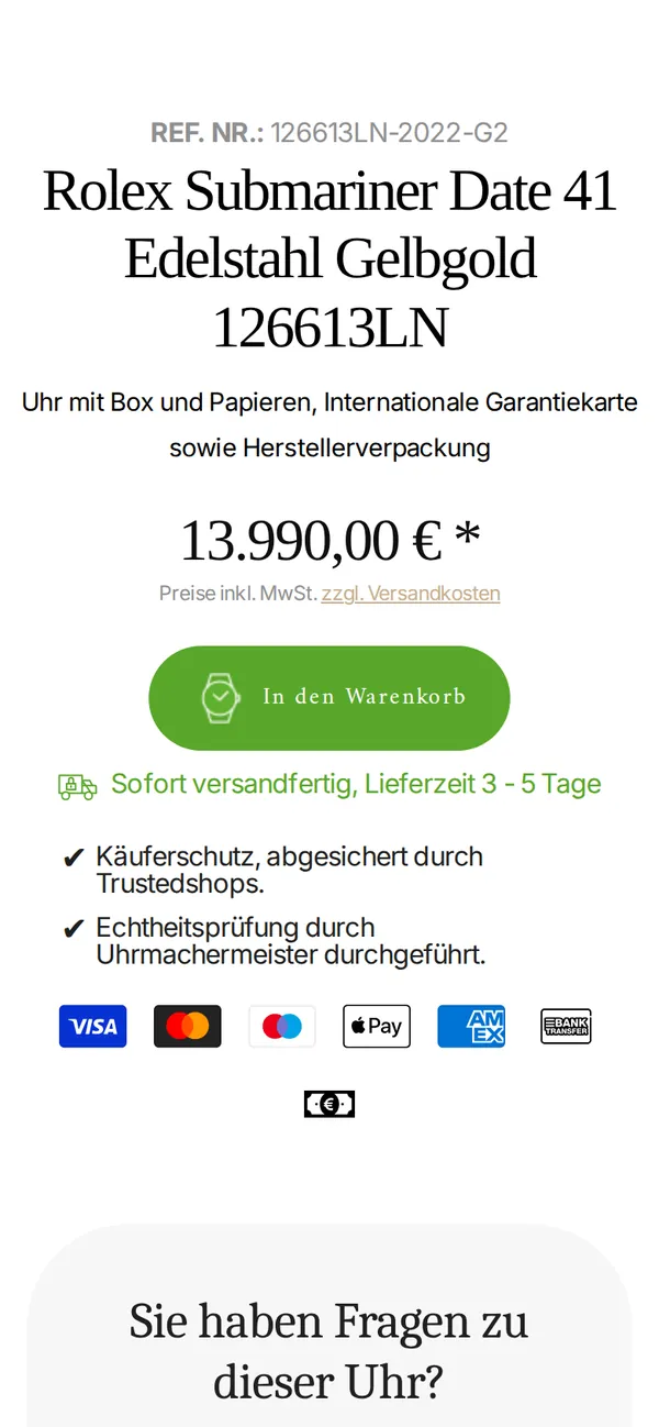 Produktseite einer Rolex Submariner auf dem Handy