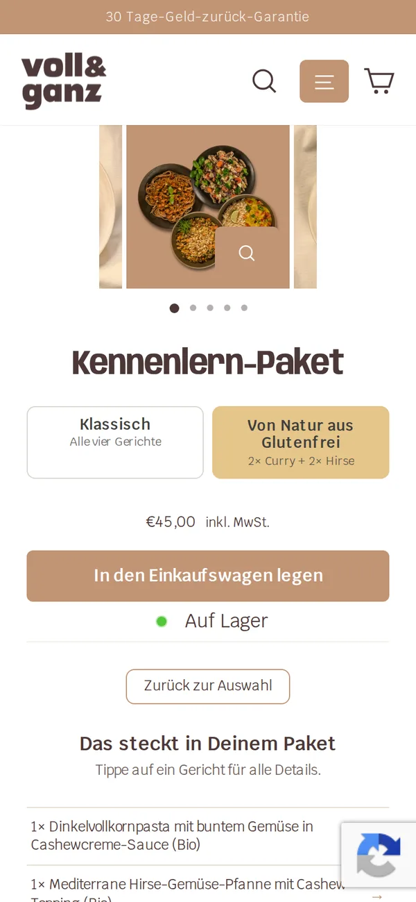 Produktseite auf dem Handy