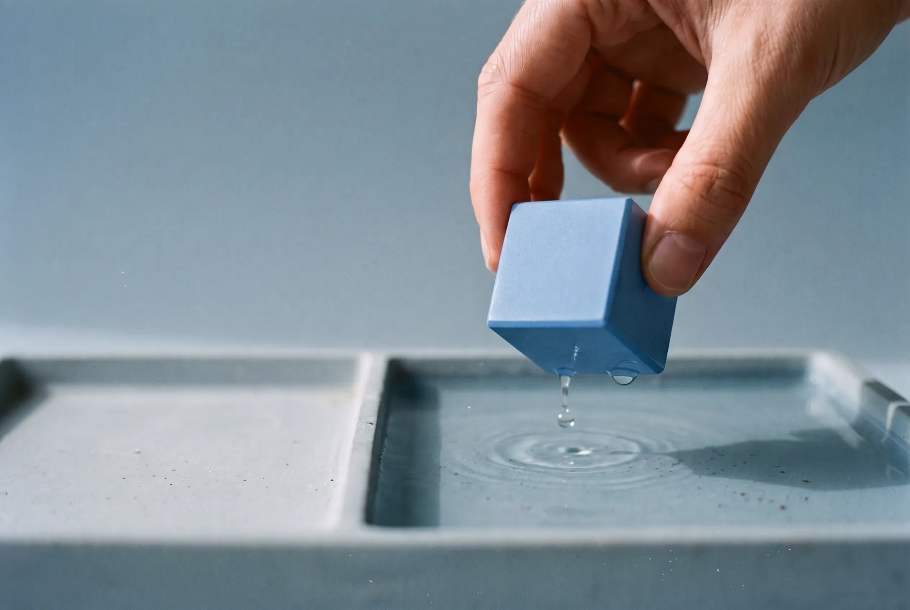 Eine Hand hebt den blauen Würfel aus einem Wasserbecken ins nächste